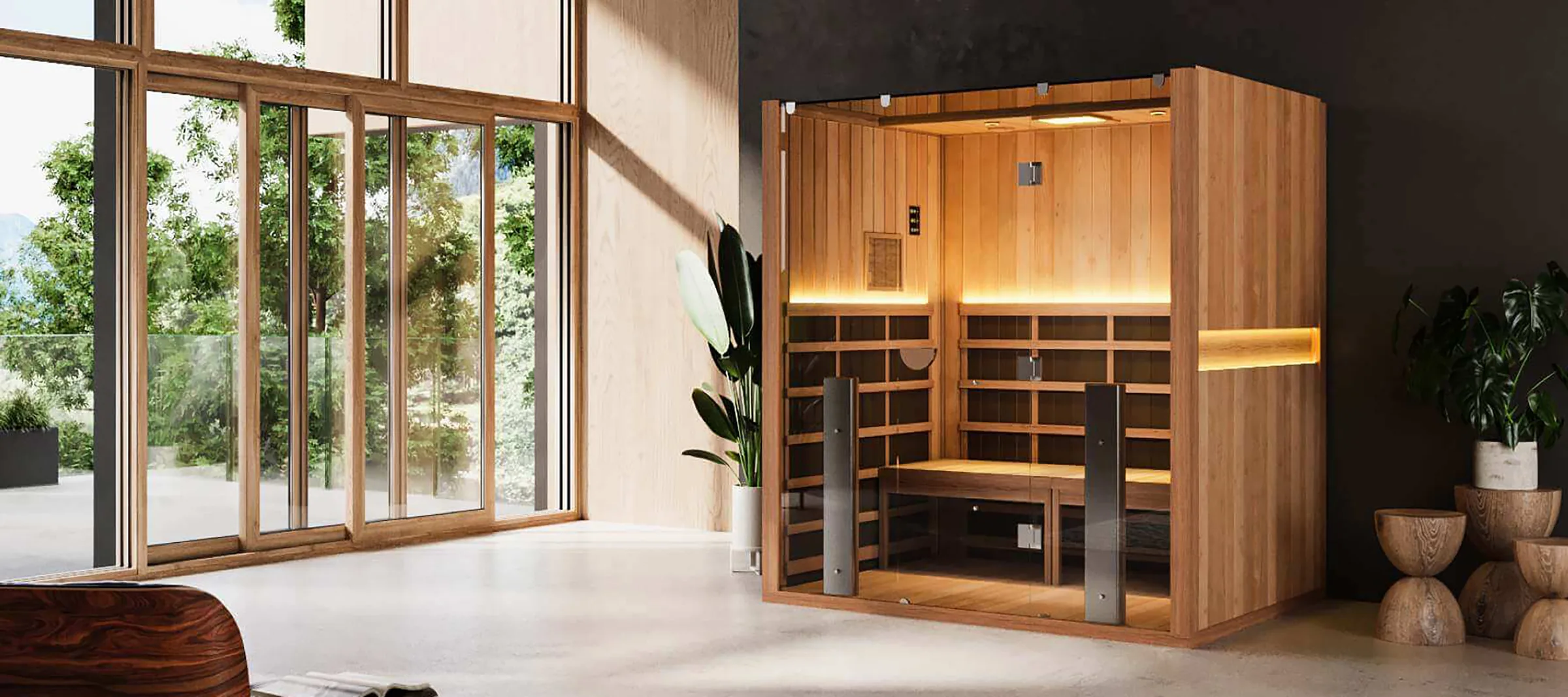 Clearlight's rendering of an infrared sauna in a glass-walled room