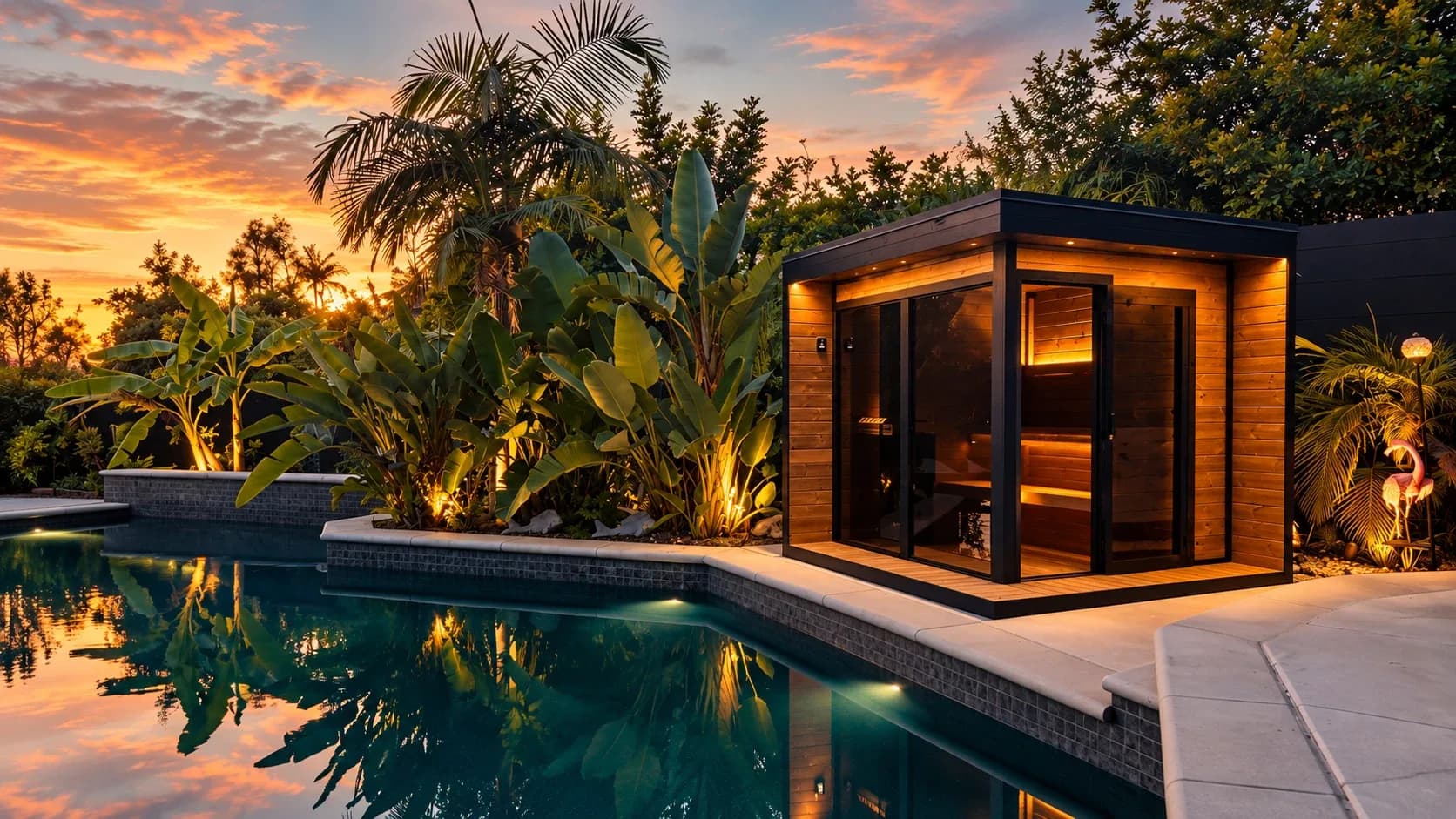 Design rendering of a glass-fronted cube sauna with cedar cladding and a warm lit interior, beside a backyard pool at dusk among palms and tropical plants.