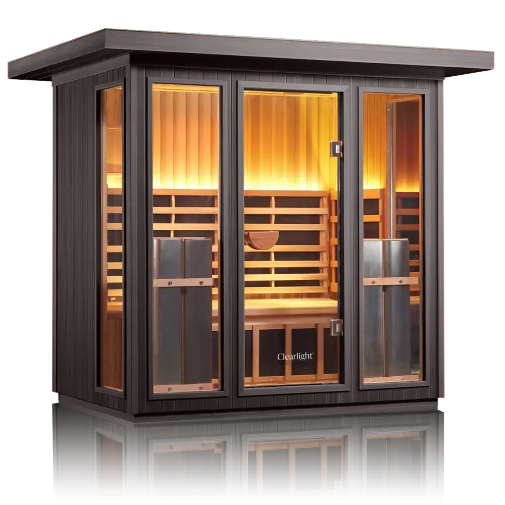 Clearlight Sanctuary Outdoor 5 in dark cladding, three glass panels revealing a warm mahogany interior
