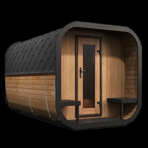 SaunaLife CL12GCP outdoor sauna, black shingle roof over wood staves, glass door and porch benches