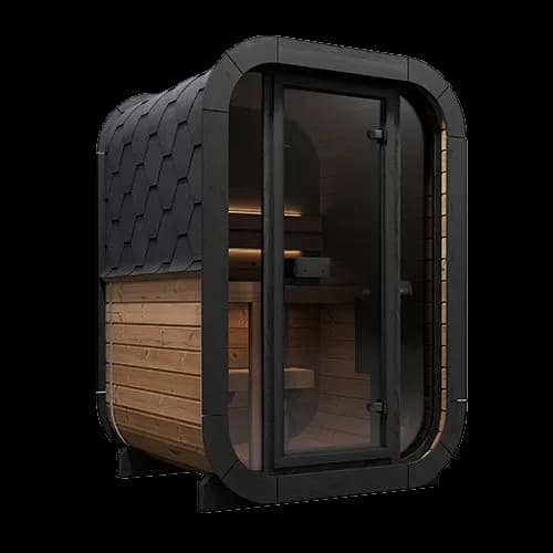 SaunaLife CL3G cube sauna with black frame, shingled side, wood staves, and full glass front door