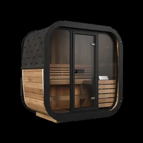 SaunaLife CL4G cube sauna, glass front and door, black shingle side cladding over light wood staves