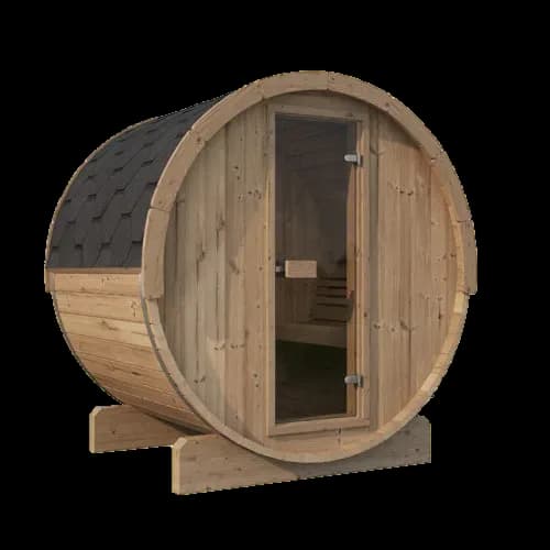 SaunaLife E6 barrel sauna with full glass door and dark shingle roof, angled front view