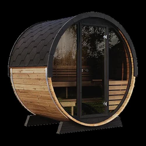 SaunaLife EE6G barrel sauna with black shingle roof and full glass front, angled studio view