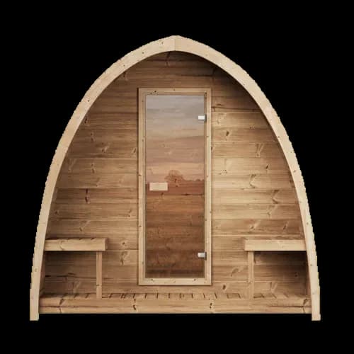 SaunaLife's studio image of the front of the G3 Outdoor Cabin, from the same Garden Series: a pointed arch wood face with a glass door and two small shelf benches.