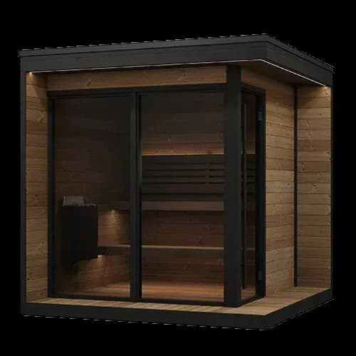 SaunaLife GL6 cabin sauna studio view, glass front corner with lit tiered benches inside