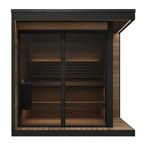 SaunaLife's rendering of the GL6 cabin sauna from the front: a flat black roof over a two-pane glass front, benches on two levels and a black wall heater inside.