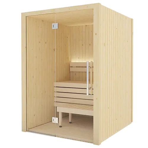 SaunaLife X2 indoor sauna in pale spruce, frameless glass door and lit tiered benches inside