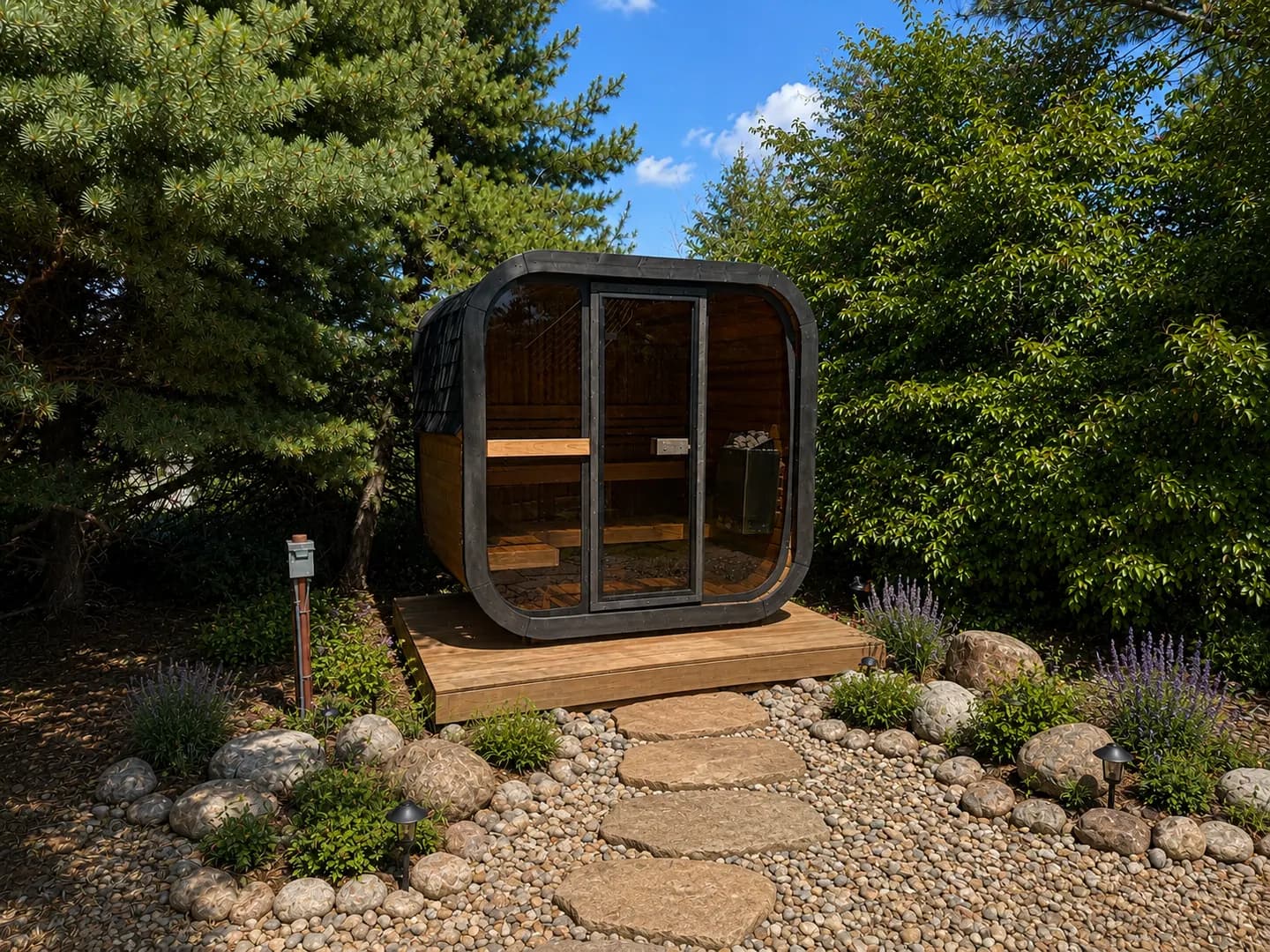 A dark-framed cube sauna with a glass front on a wooden deck platform among pine trees and a river-rock garden.