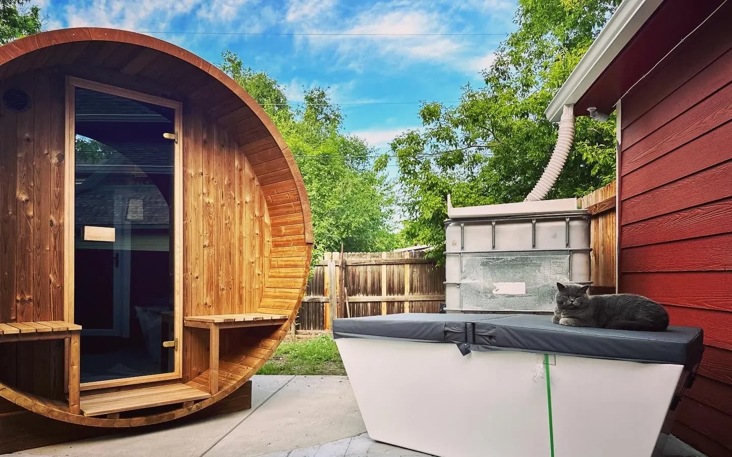 A cedar barrel sauna with a glass door beside a covered cold plunge tub on a stone patio, a grey cat asleep on the tub cover. Our build in Castle Rock, Colorado.