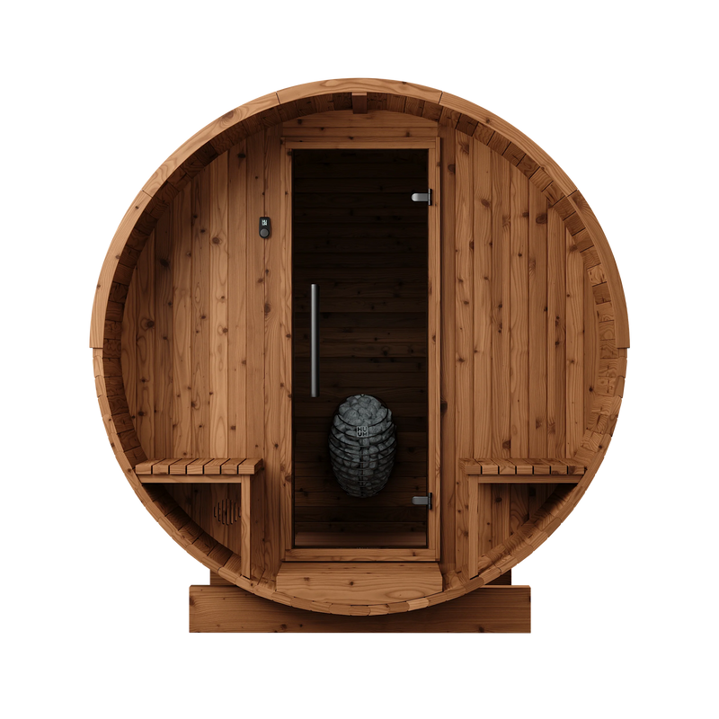 4 Person Thermory Barrel Sauna No. 61 (with porch - 7.3ft diameter)